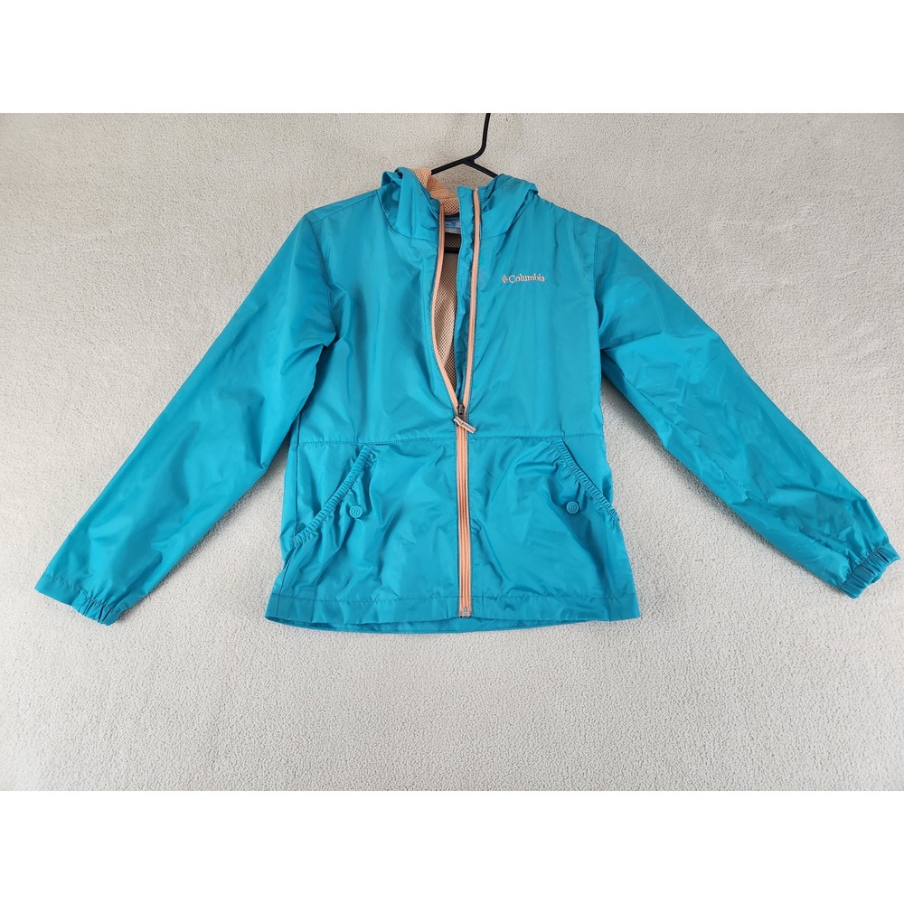 Girls Teal Columbia Light Hooded Rain Jacket Windbreaker Size Medium 10/12